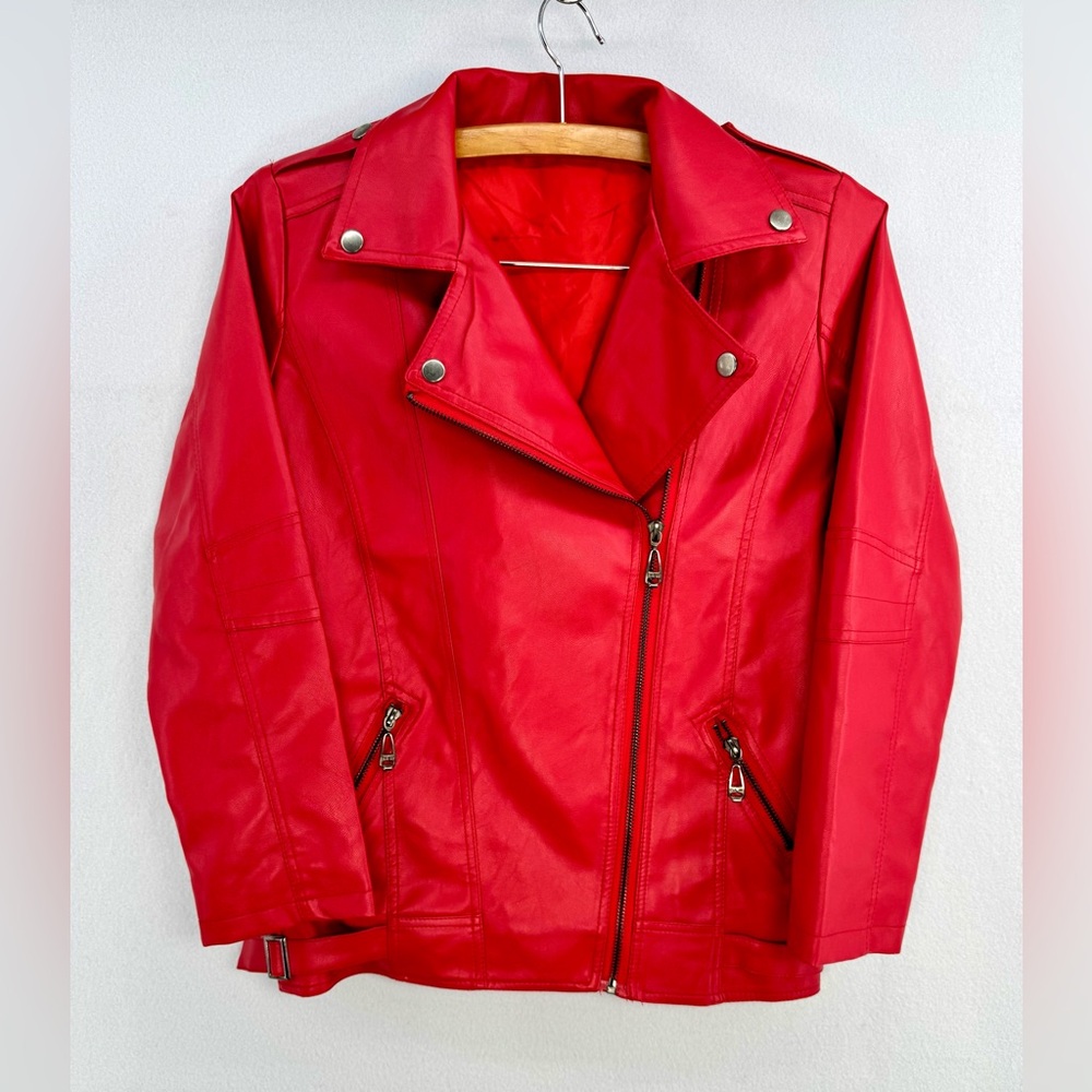 Women’s Red Vegan Faux Leather Jacket Moto Biker NWOT Sz S Zipper Pockets